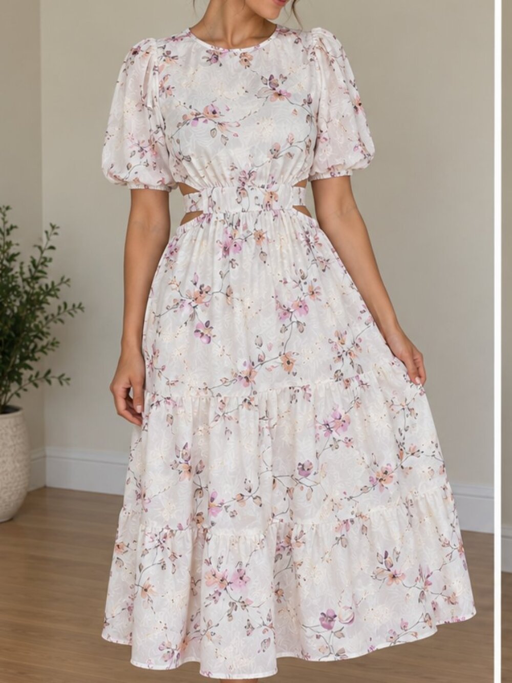 Storia Floral Embroidered Midi Dress M Side Cutout Puff Sleeve Back Tie